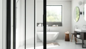 Showcase a black frame shower door enhancing a modern bathroom's elegance.