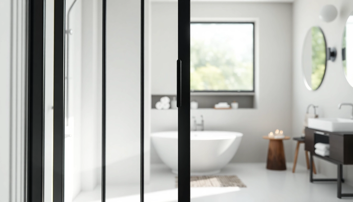 Showcase a black frame shower door enhancing a modern bathroom's elegance.