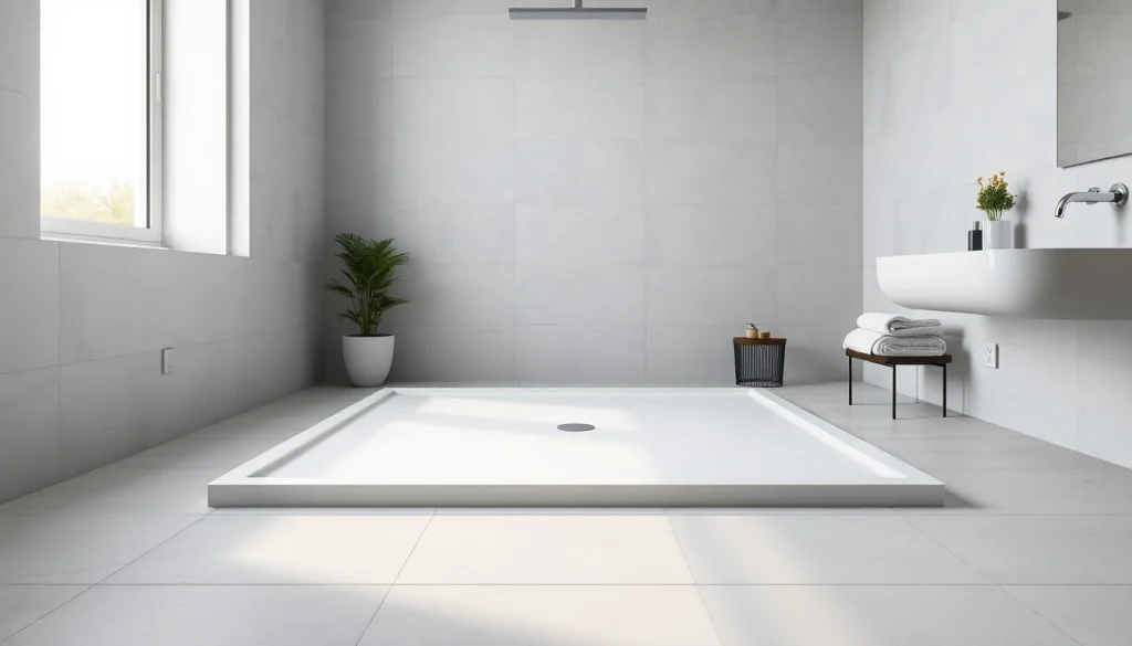 Exquisite shower base in a modern bathroom features elegant design and bright natural lighting.