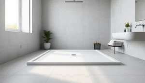 Exquisite shower base in a modern bathroom features elegant design and bright natural lighting.