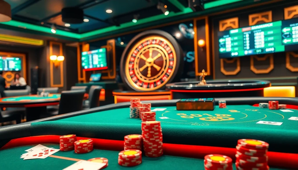 Engage with Fun88 mới nhất at a luxurious casino table featuring poker and roulette action.
