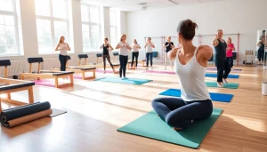 さまざまなフィットネスレベルに対応するピラティス おすすめエクササイズを実演する、ピラティススタジオの熱心なグループ。