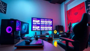 Exciting gaming setup featuring ドスパラ クーポン codes on display, modern PCs, and peripherals in a vibrant setting.