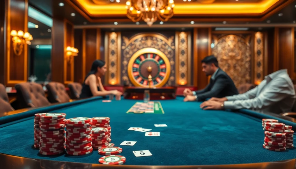Engaged players at a KK55-themed poker table in an elegant casino setting.