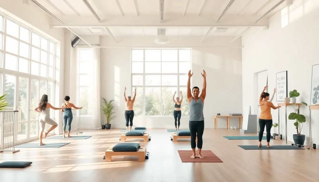 多様な人々がエクササイズを行う魅力的なピラティススタジオを紹介し、ピラティス おすすめを強調。