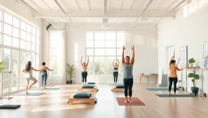 多様な人々がエクササイズを行う魅力的なピラティススタジオを紹介し、ピラティス おすすめを強調。