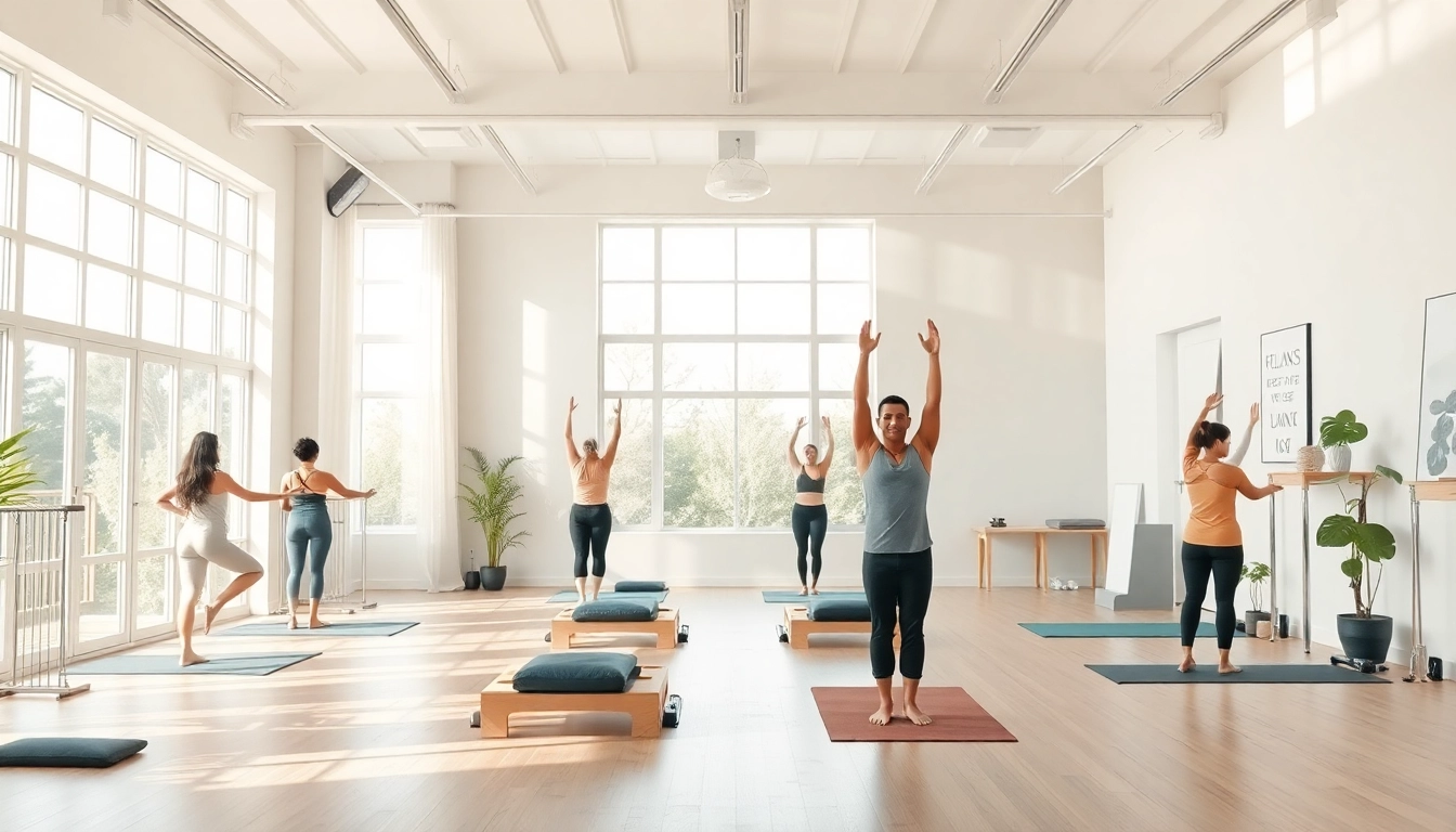 多様な人々がエクササイズを行う魅力的なピラティススタジオを紹介し、ピラティス おすすめを強調。
