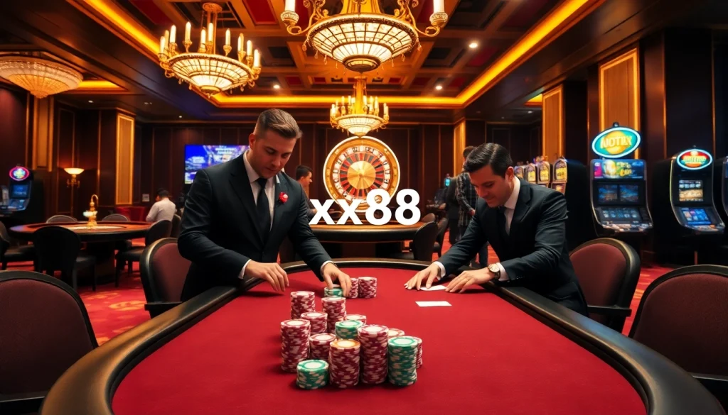 Players strategizing at a high-stakes poker table in a luxurious casino labeled xx88