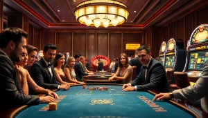 Experience the thrill of gambling at www.kjc.global with an exciting casino scene featuring poker players and roulette.