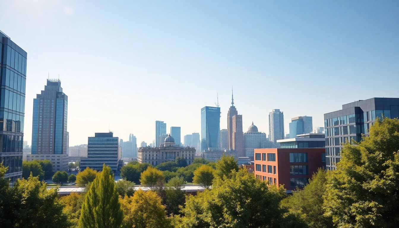 Showcasing the smartest country in europe with a skyline filled with modern architecture and green spaces.