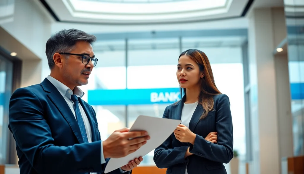 Mendemonstrasikan deposit 1k di bank modern dengan penasihat keuangan dan klien.