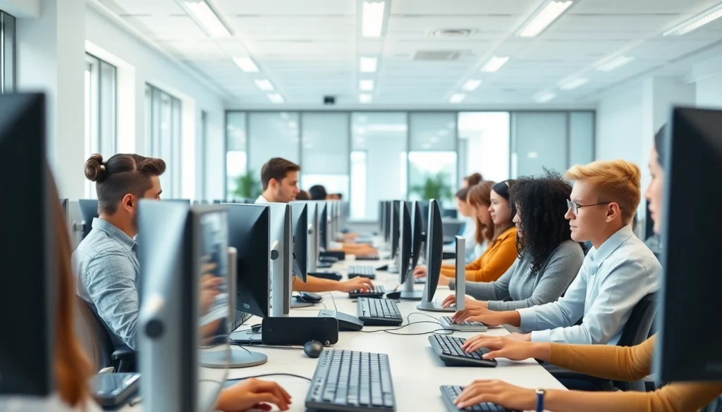 Typing center showcasing a diverse team working efficiently in a modern office.