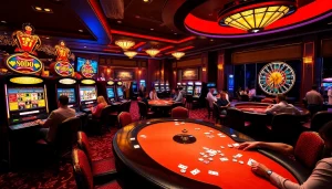 SODO casino scene featuring exciting slot machines, poker tables, and a roulette wheel, showcasing vibrant nightlife.