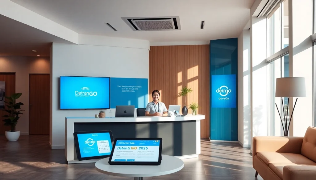 Friendly receptionist at Detran GO office, showcasing IPVA 2026 calendar services.