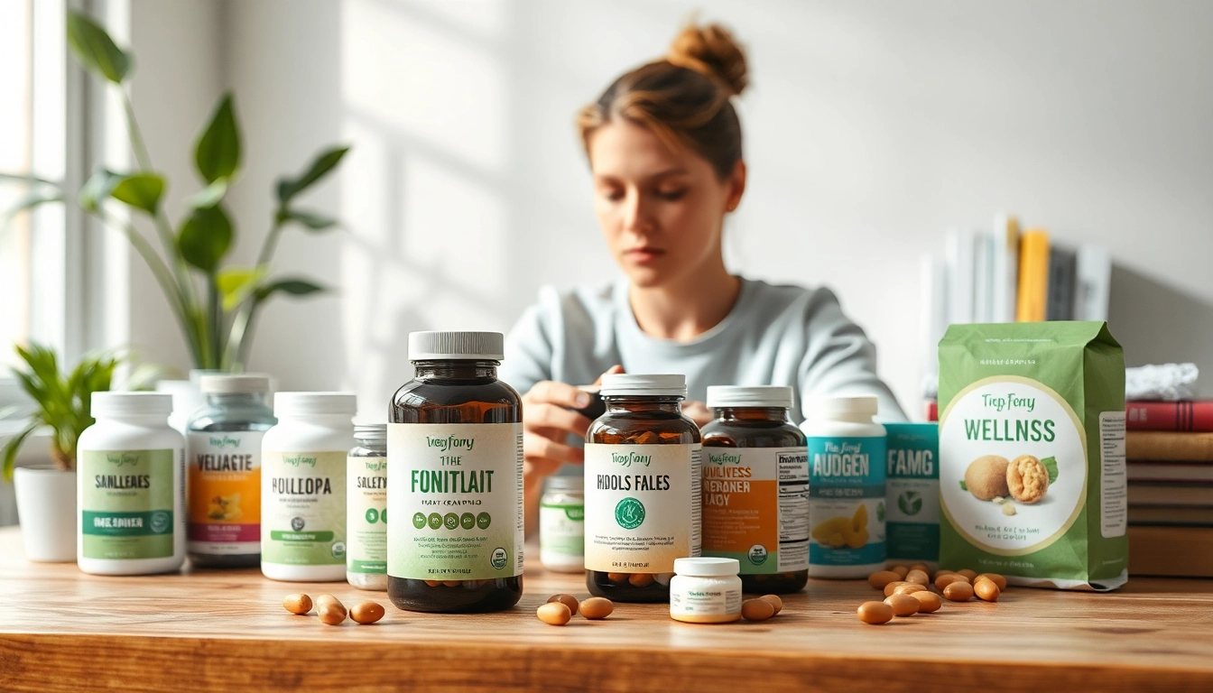 スタイリッシュな木製テーブルの上に、鮮やかなパッケージのエクオール　サプリが展示されています。