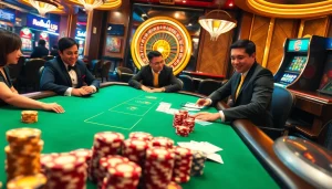 K9K9 game ambiance with players at a vibrant casino table surrounded by chips and cards.
