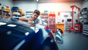 Expert performing car detailing near me in a brightly lit garage environment.
