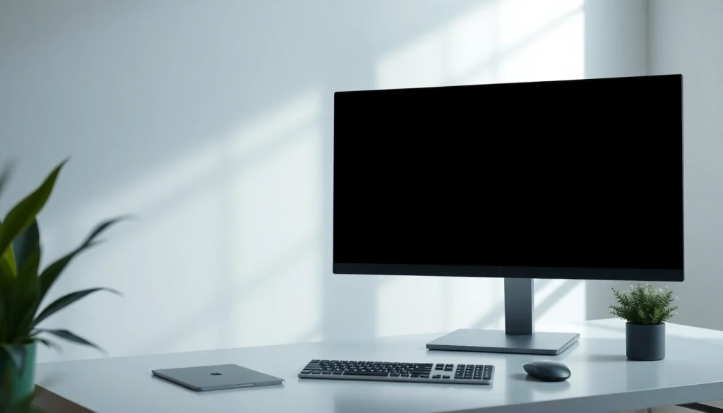 Full black screen on a modern monitor in a minimalist workspace, enhancing focus and reducing glare.