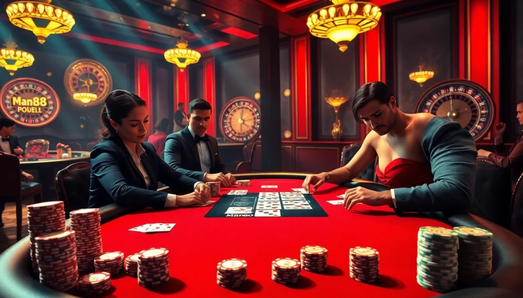 High-stakes poker game featuring Man88 branding, chips, and a luxurious atmosphere.