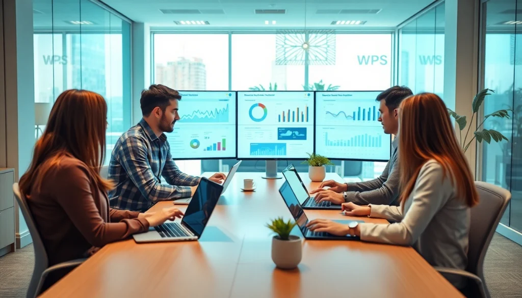 专业人士使用WPS软件进行协作的动态办公空间。