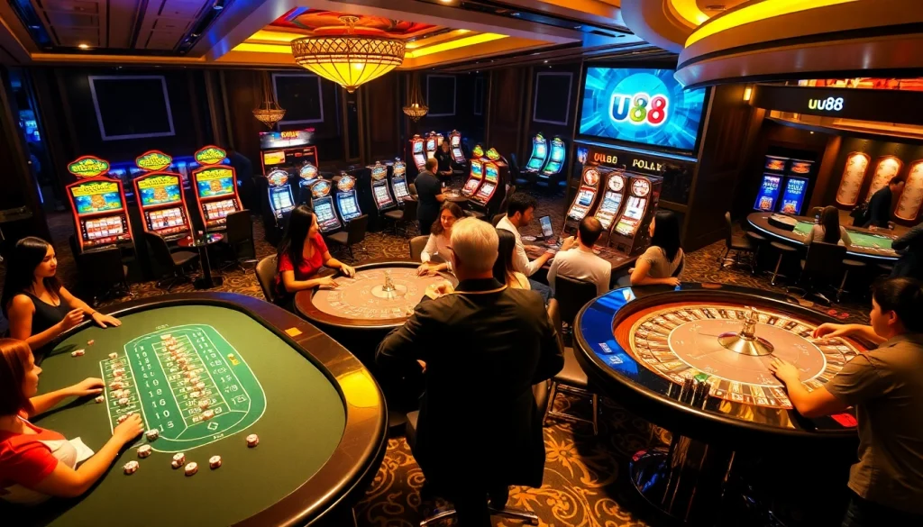 uu88 casino tables filled with players enjoying blackjack, roulette, and slot machines in a vibrant atmosphere