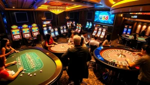 uu88 casino tables filled with players enjoying blackjack, roulette, and slot machines in a vibrant atmosphere