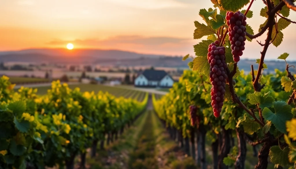 Enjoy breathtaking views at Winery Sacramento's picturesque vineyard under a warm sunset.