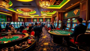 Tobet88 casino scene showcasing a lively gaming floor with roulette, blackjack, and slot machines.