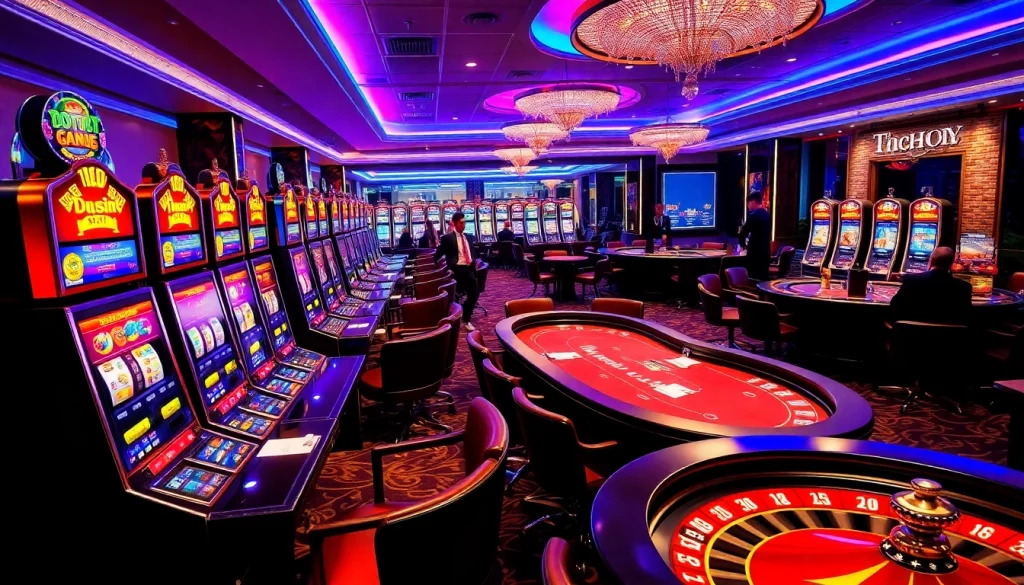 Engage in thrilling gameplay with tải NOHU90 amidst vibrant casino excitement featuring slot machines.