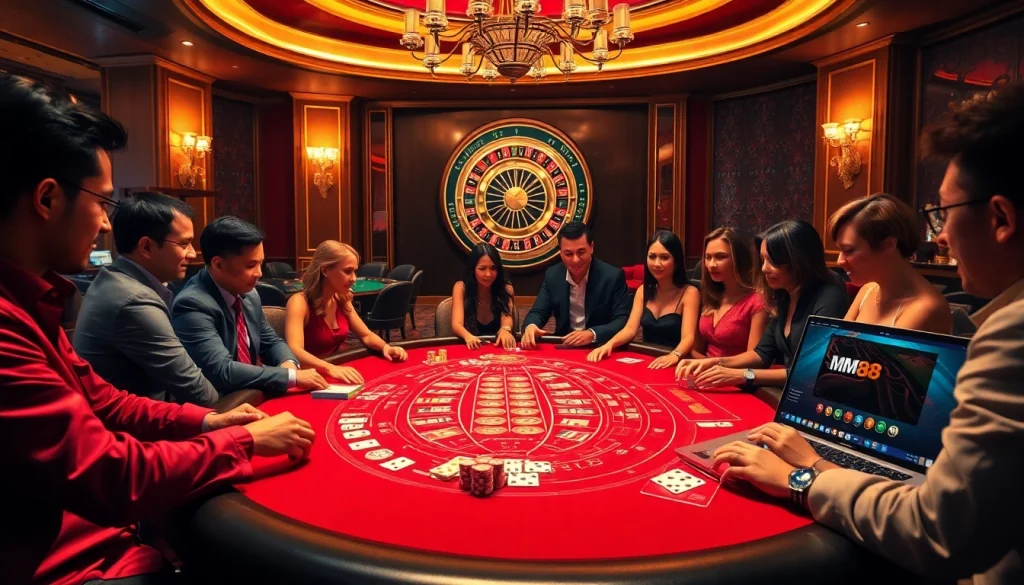 Exciting casino gameplay featuring MM88 blackjack table, poker chips, and roulette wheel