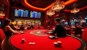 Sbobet betting in a vibrant casino setting with engaged players and luxurious ambiance.