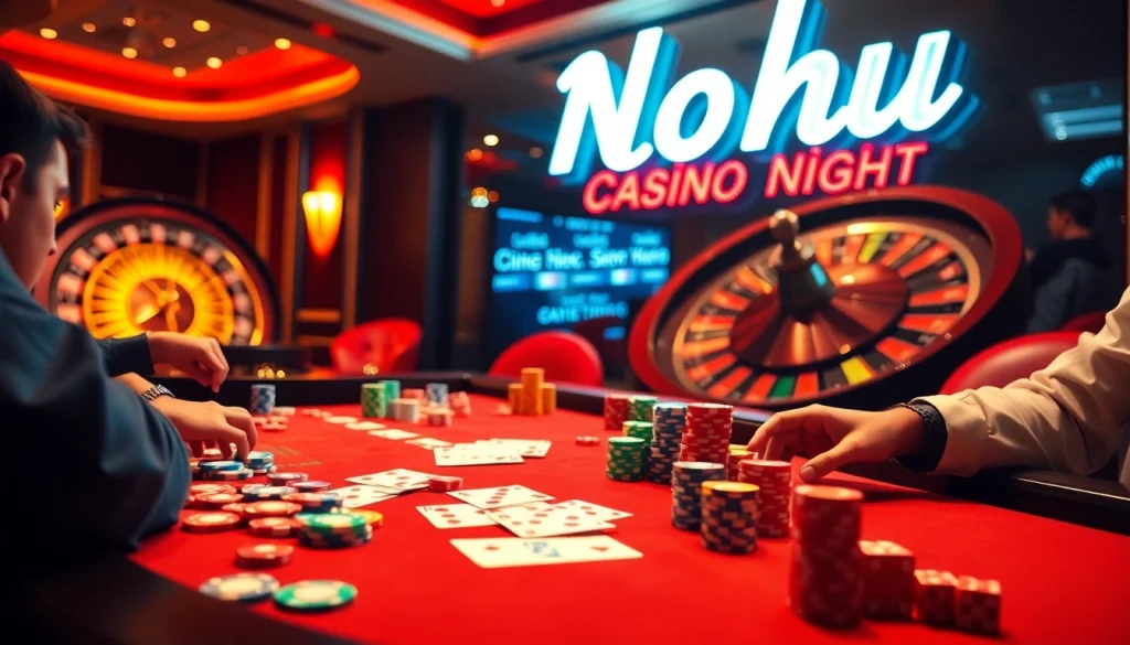 Nohu-themed casino table showcasing poker chips and cards, exciting atmosphere with vibrant colors.