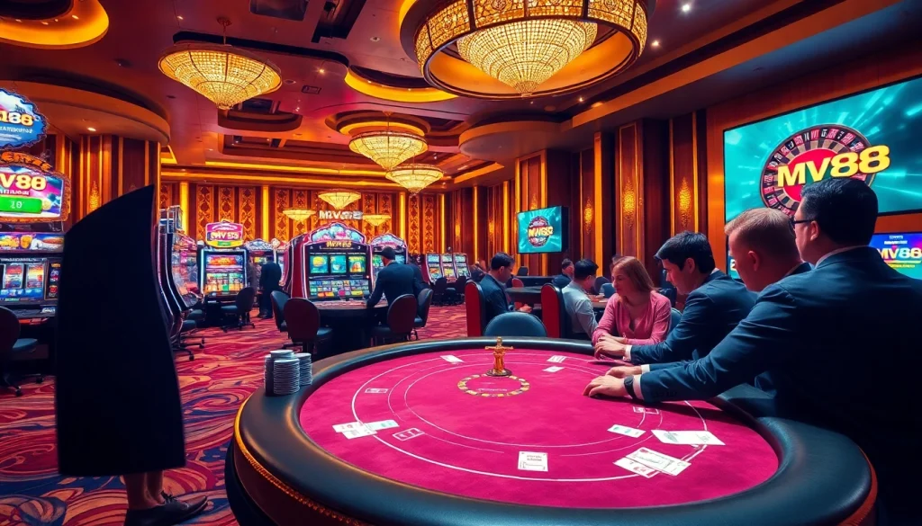 Engaging scene of MV88 casino gaming with vibrant slot machines and poker tables.
