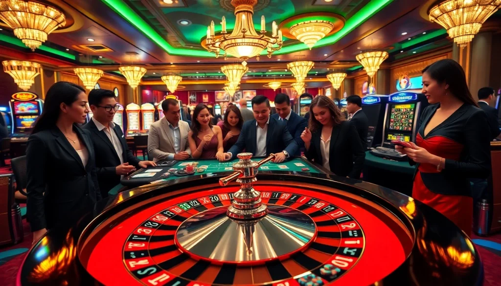 Exciting gameplay at trang chủ 789Win with roulette, poker chips, and gamblers at a luxury casino.