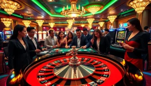Exciting gameplay at trang chủ 789Win with roulette, poker chips, and gamblers at a luxury casino.