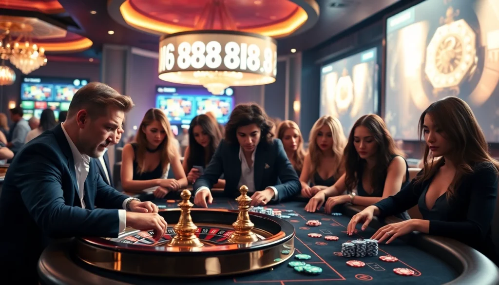 Players enjoying an exciting game at New88bet.us, showcasing casino elements like dice and poker chips.