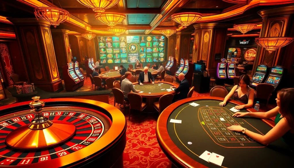 Engaged players enjoying a thrilling casino experience at https://nk88net.com/ with roulette and blackjack tables.