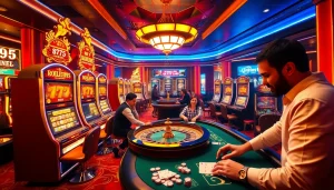 Experience the excitement of casino gaming with the 6L777 Login featuring vibrant slot machines and poker tables.