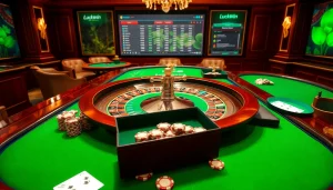 Experience the thrill of Luckywin casino gaming with poker chips and roulette in a vibrant setting.