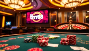 The nhà cái rr88 gaming experience showcasing vibrant poker chips and an engaging roulette table.