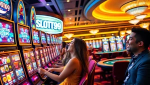 SLOT99 showcases vibrant slot machines with players enjoying a luxury gambling experience.