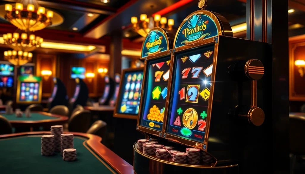 Rasakan sensasi slot deposit pulsa tanpa potongan dengan adegan kasino yang penuh warna menampilkan mesin slot yang dinamis.