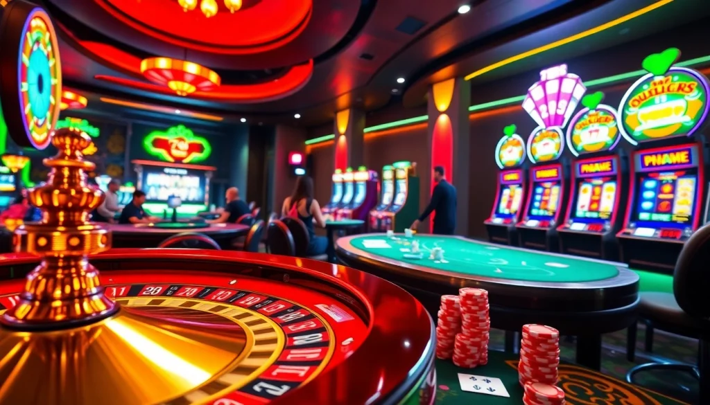 Experience the excitement of 789P with players at a vibrant casino table amidst sparkling slot machines.