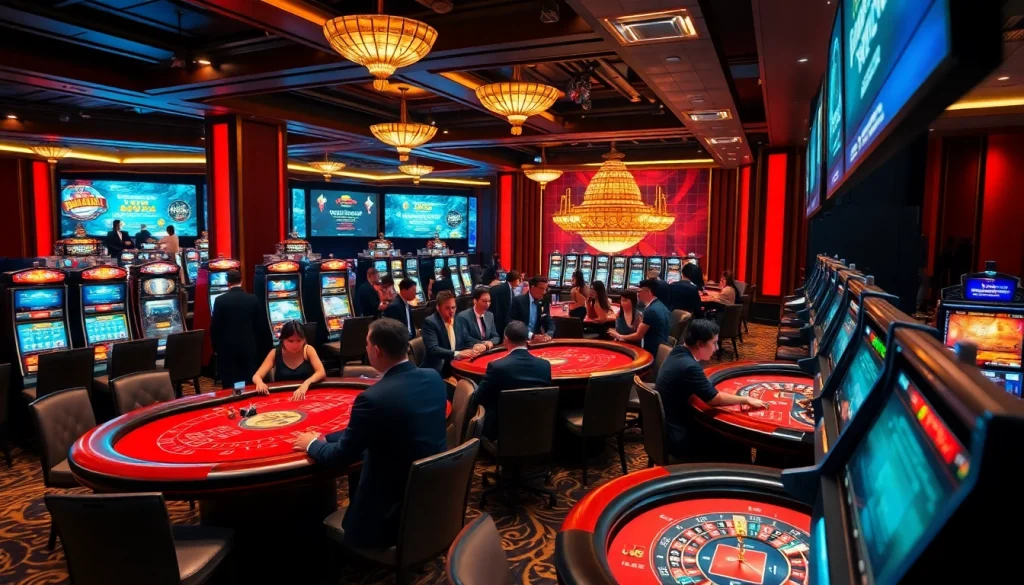 Experience the excitement of mm88 with players at casino tables and dazzling slot machines.