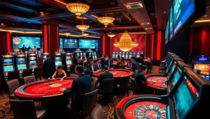 Experience the excitement of mm88 with players at casino tables and dazzling slot machines.