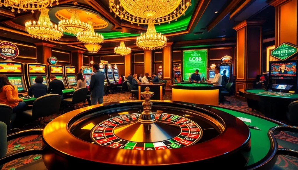 LC88 casino scene showcasing excited gamblers at roulette and slot machines, emphasizing luxury and engagement.