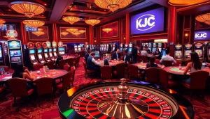 KJC logo featured prominently in a luxurious casino scene filled with vibrant gaming tables and slot machines.