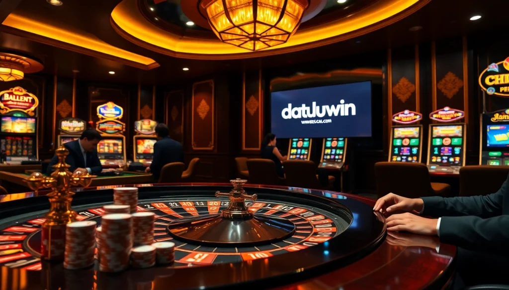 Kegembiraan berjudi di kasino dengan logo datukwin di layar digital serta elemen poker.