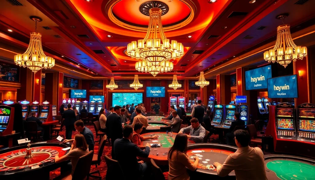 Players enjoying a lively game at hay.win's casino, surrounded by colorful slot machines and poker tables.