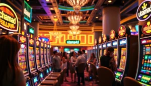 Pemain menikmati sensasi mesin slot di kasino Utama4D dengan lampu berwarna-warni dan jackpot.